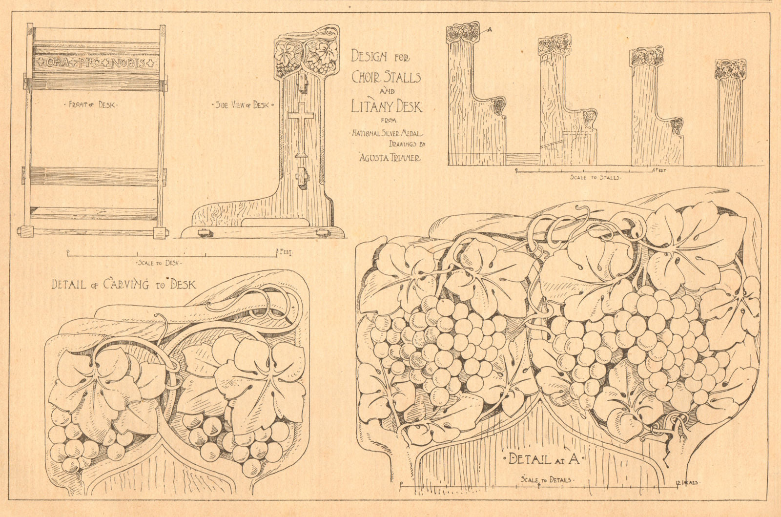 Design for choir stalls & litany desk by Agusta Trimmer 1901 old antique print